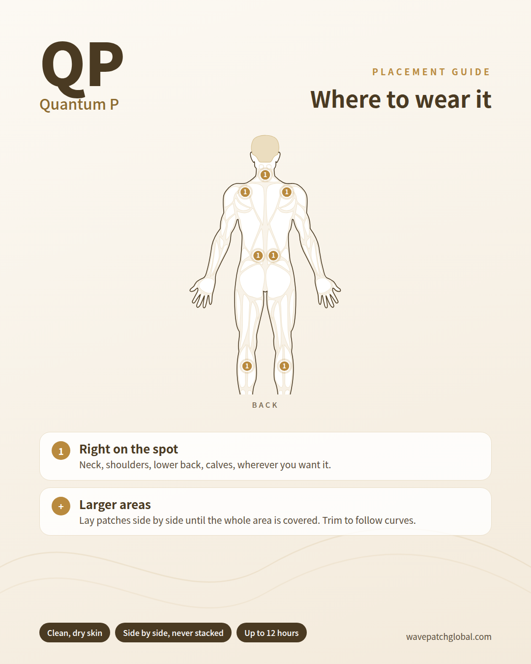 Quantum P placement guide: neck, shoulders, lower back and calves, with patches placed side by side