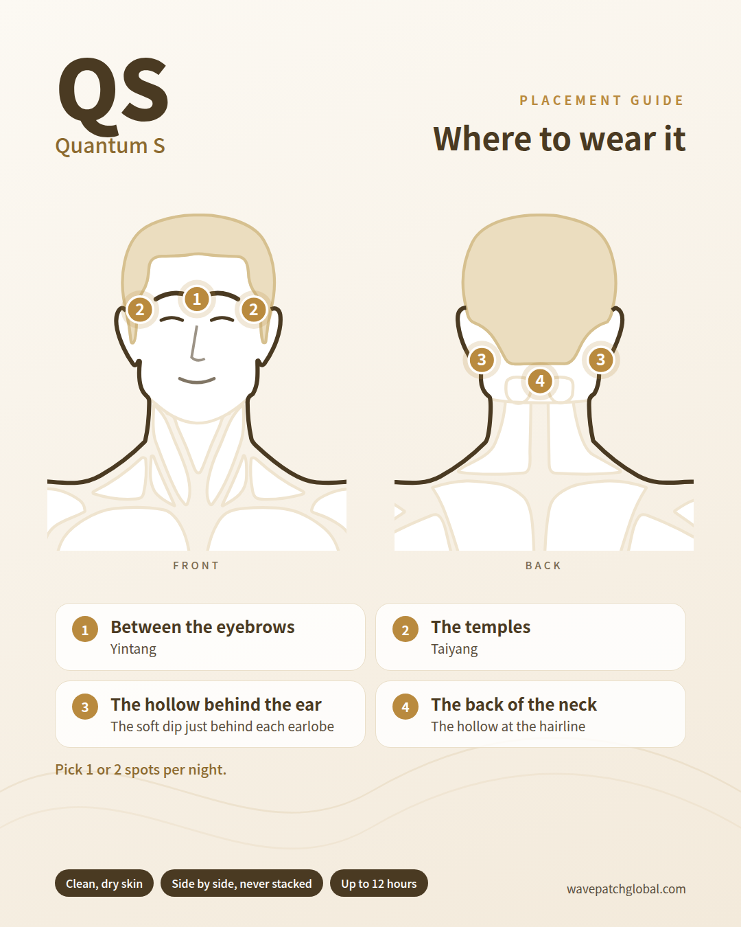 Quantum S placement guide: between the eyebrows, temples, behind the ears, and the back of the neck